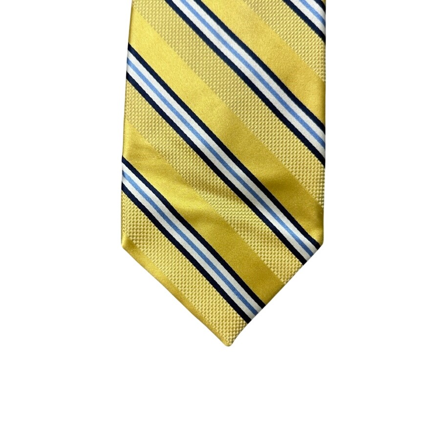 Haines  Bonner London Silk Tie Yellow Navy Blue White Diagonal Stripe Handmade